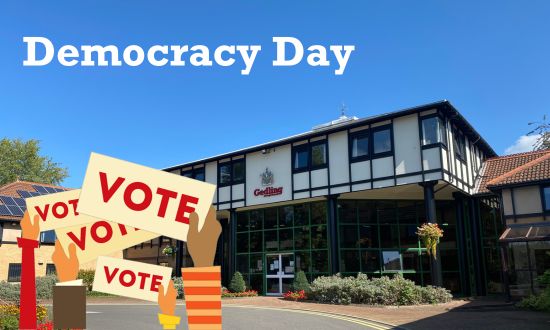 Civic centre with democracy day text across the top and vector image of voting signs